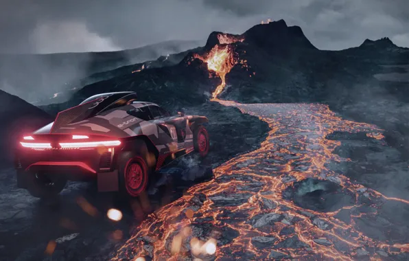 Картинка Audi, Вулкан, Исландия, Iceland, Лава, Audi RS Q e-tron, Virtual world tour, Виртуальное мировое турне, …