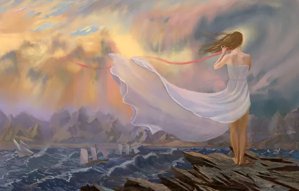 Картинка море, девушка, горы, ветер, корабли, платье, лента, ожидание