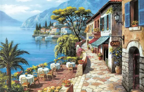 Картинка море, горы, город, картина, живопись, painting, Sung Kim