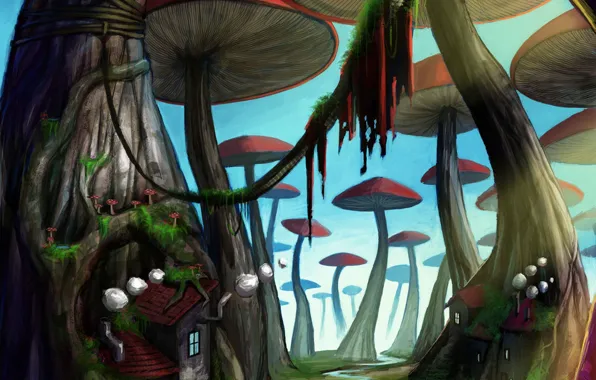 Картинка деревья, грибы, дома, растения