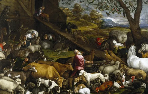 Картинка картина, жанровая, мифология, Якопо Бассано, Вход животных в Ноев ковчег