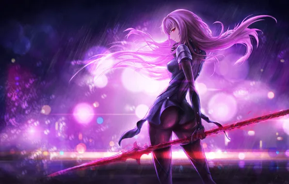 Картинка оружие, магия, арт, аниме, огни, fate/grand order, девушка, копье, scathach
