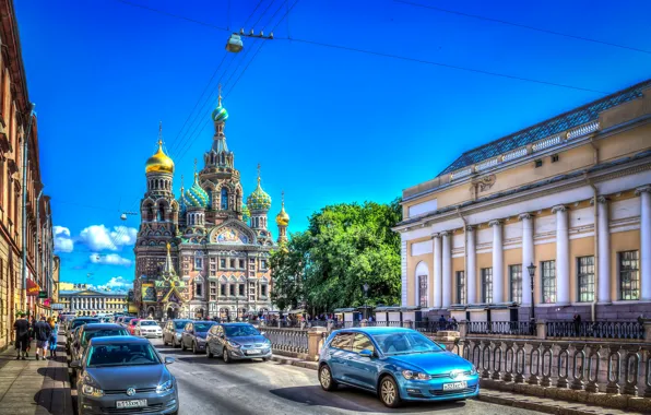 Картинка дорога, HDR, Санкт-Петербург, Россия, автомобили, St. Petersburg, Храм Спас на Крови