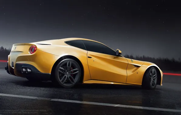 Картинка Ferrari, Sun, Rain, Yellow, Road, Berlinetta, F12, Rear, Nigth