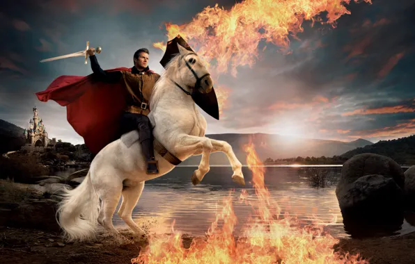 Картинка замок, огонь, пламя, меч, плащ, David Beckham, Дэвид Бекхэм, принц на белом коне