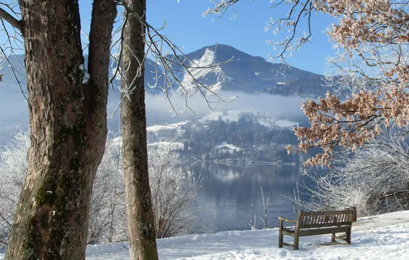 Картинка зима, горы, озеро, скамья