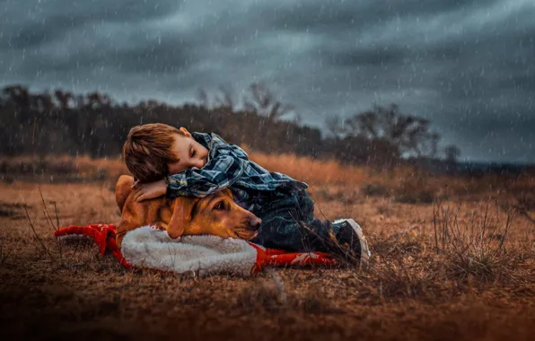 Картинка дождь, собака, мальчик, дружба, друзья