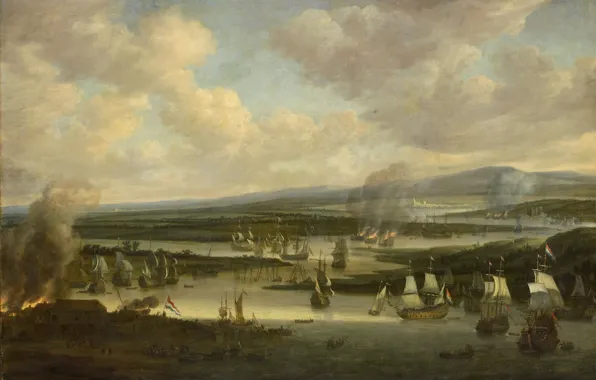 Картинка масло, картина, холст, Виллем Шеллинкс, Сожжение Английского Флота в Чатеме