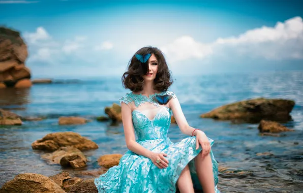 Картинка море, девушка, бабочки, фото, платье, Dmitriy Inko, Maryam