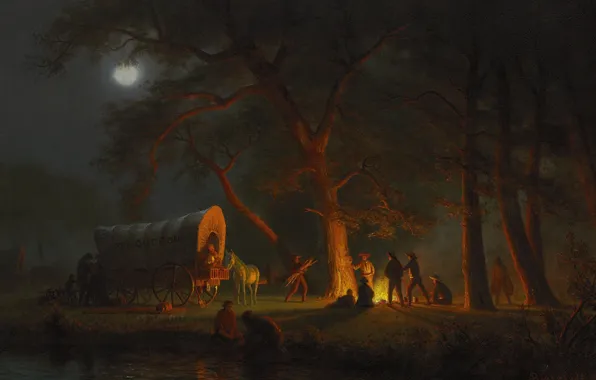 Картинка повозка, картина, жанровая, Альберт Бирштадт, люди, ночлег, Орегонская Тропа