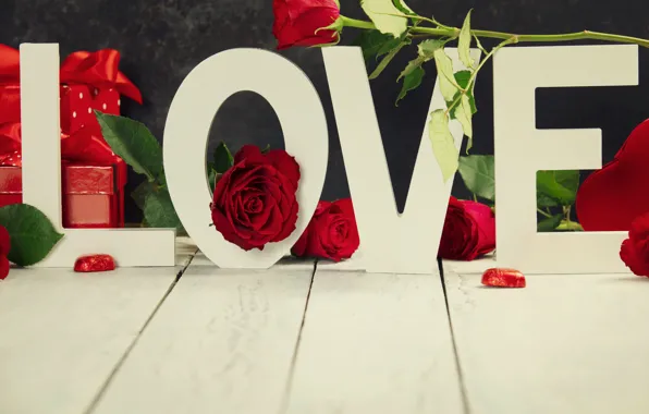 Картинка любовь, буквы, Love, розы, подарки, день святого валентина, поздравление, композиция