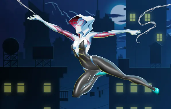 Картинка полёт, Марвел, Edge of Spider-Verse, дома, Женщина-паук, Comics, Marvel Comics, огни, Гвен Стейси, Gwen Stacy, …