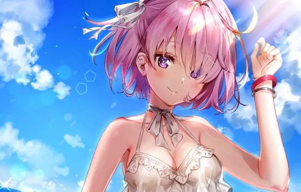 Картинка girl, sexy, cleavage, blouse, pink hair, sea, boobs, anime