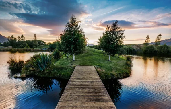 Картинка Nature, sky, trees, landscape, bridge, clouds, lake, pier