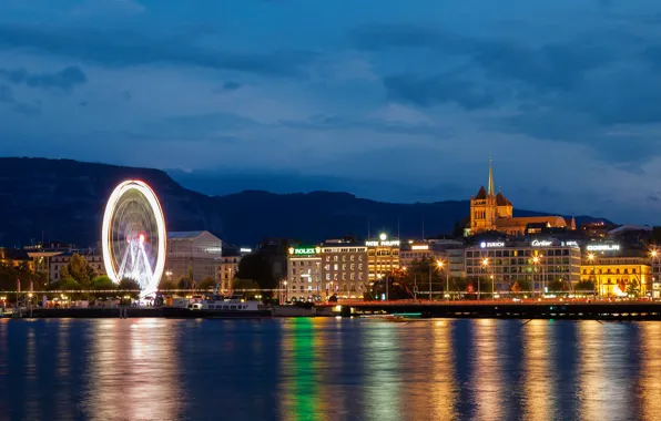 Картинка ночь, город, фото, причал, Switzerland, Женева, Genevа