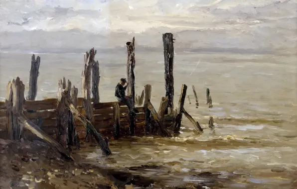 Картинка картина, причал, морской пейзаж, Карлос де Хаэс, Море в Виллервиле