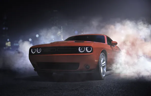 Картинка Красный, Авто, Дорога, Ночь, Дым, Машина, Dodge, Challenger, Dodge Challenger, Concept Art, Transport & Vehicles, …