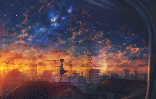 Картинка девочка, звездопад, крыша, город, закат