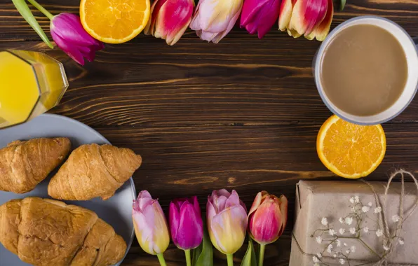 Картинка цветы, завтрак, colorful, тюльпаны, juice, розовые, wood, pink, flowers, tulips, coffee cup, spring, purple, croissant, …