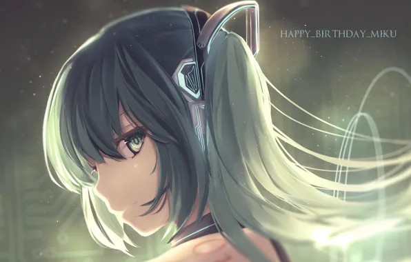 Картинка hatsune miku, арт, улыбка, наушники, профиль, аниме, девушка, vocaloid, rupe paperu