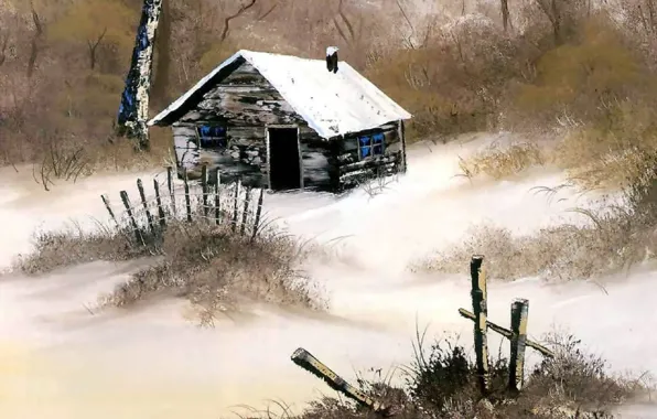 Картинка зима, снег, деревья, пейзаж, природа, дом, окна, избушка, картина, ограда, дверь, живопись, Bob Ross, Боб …