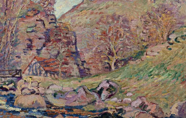 Картинка картина, Арман Гийомен, Руины Замка в Крозане и Водяная Мельница, пейзаж, Armand Guillaumin