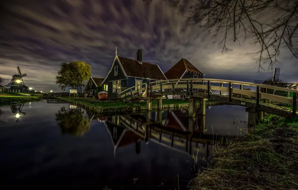 Картинка ночь, мост, огни, дом, канал, Нидерланды, ветряная мельница, Зансе-Сханс