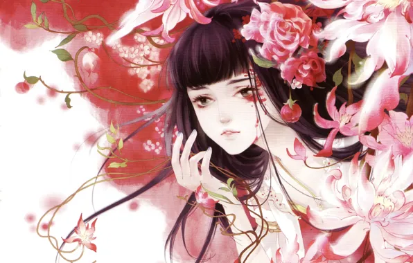 Картинка цветы, китайская, девушка, одежда, Mao Jun, слезы, art