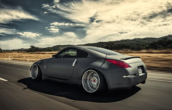 Картинка дорога, серый, скорость, Nissan, 350z, ниссан, stance, в движение