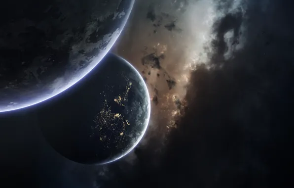 Картинка Планета, Космос, Туманность, Свет, Планеты, Light, Planets, Арт, Space, Art, Спутник, Planet, Nebula, Satellite, Пространство, …