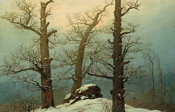 Картинка зима, деревья, пейзаж, камни, картина, Каспар Давид Фридрих, Дольмен под Снегом
