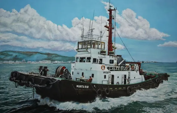 Картинка море, небо, живопись, рыболовное судно, Manta Ray
