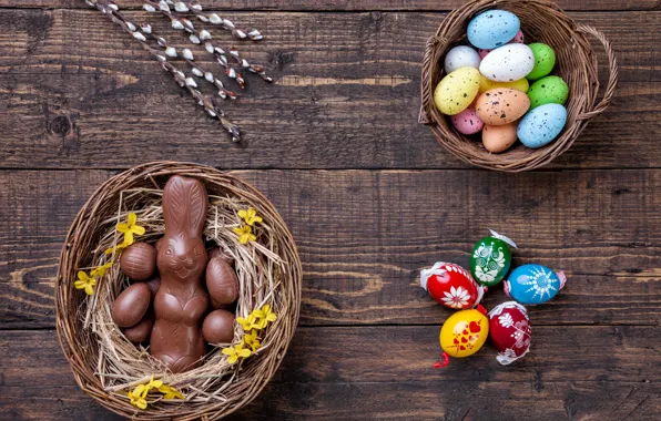 Картинка eggs, кролик, Пасха, bunny, wood, decoration, candy, Happy, spring, конфеты, chocolate, яйца, Easter, шоколад, верба, …