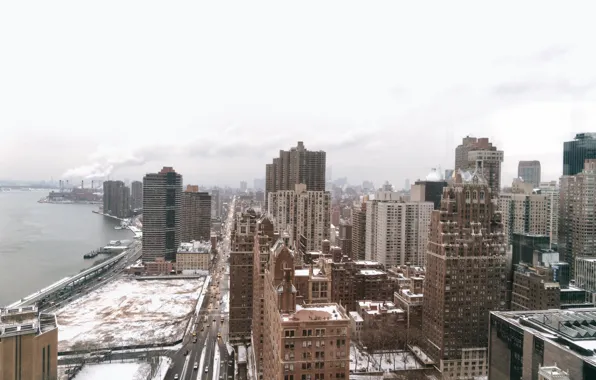 Картинка Manhattan, America, apartment complex, Kips Bay, FDR Drive from Above, snow, NYC, Tudor City, United …