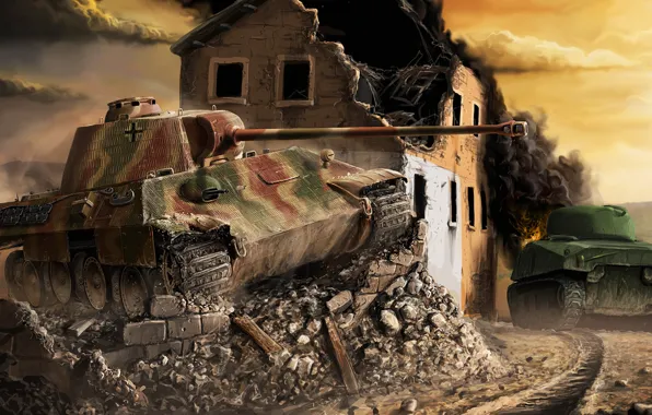 Картинка дом, война, здание, пантера, арт, танк, германия, war