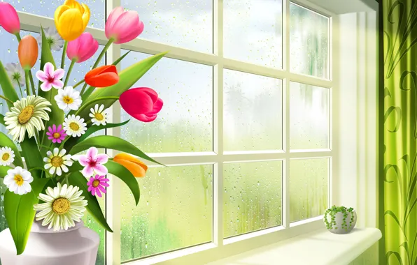 Картинка цветы, букет, окно, арт