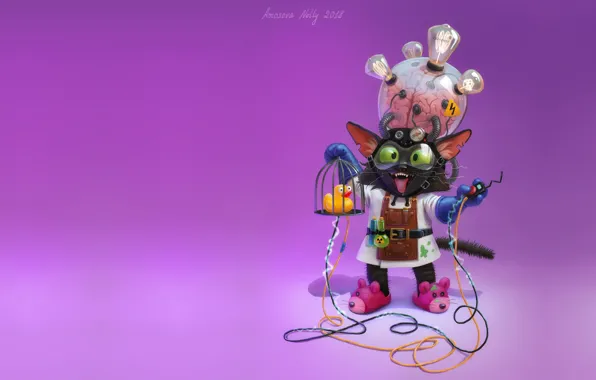 Картинка кот, минимализм, арт, профессор, детская, изобретатель, Nelly Amosova, Mad cat scientist, фантаситка