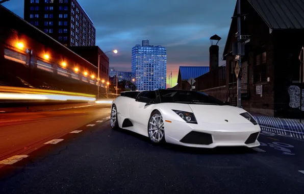 Картинка Lamborghini, City, Black, Lights, Murcielago, White