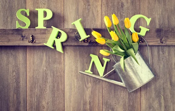 Картинка дерево, весна, желтые, тюльпаны, лейка, wood, flowers, tulips