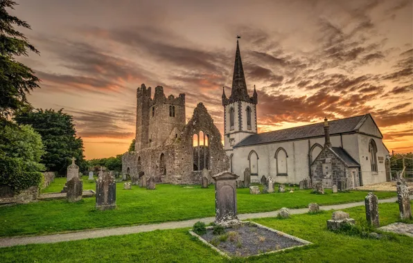 Картинка руины, Ирландия, Ruins, Irelan, Evening Monastery, абатство, Duleek Abbey, средневековой строение
