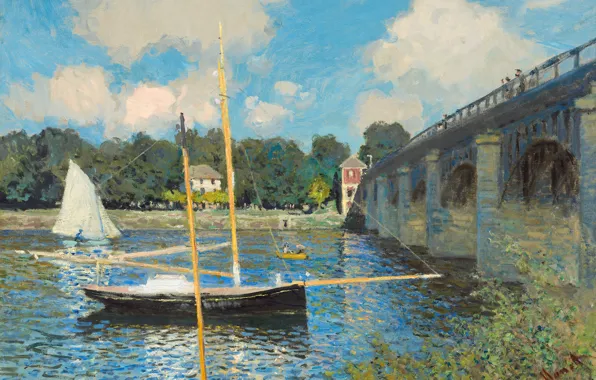 Картинка пейзаж, лодка, картина, парус, Клод Моне, Мост в Аржантёе
