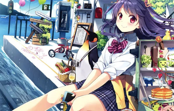 Картинка шарики, велосипед, школьница, пингвин, арт, natsume eri, аниме, девушка, светофор, телефон