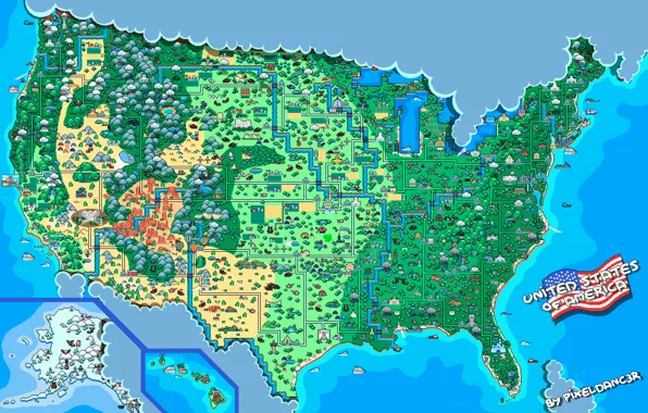 Картинка Карта, Стиль, USA, США, United States, Пиксели, 8bit, Пиксель, 16bit, Pixel, Map, Illustration, Соединенные Штаты …