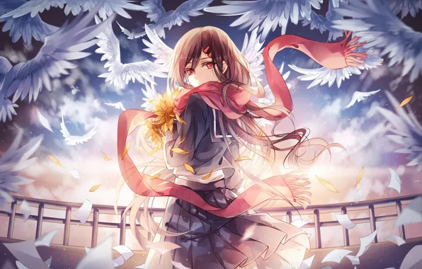 Картинка цветы, школьница, букет, арт, instocklee, tateyama ayano, ветер, kagerou project, форма, птицы, лепестки, девушка, шарф