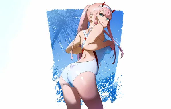 Картинка butt, breasts hold, anime, buttock, ass, attractive, headband, boobs, girl, ponytail, swimwear, horns, swimsuit, pretty, …