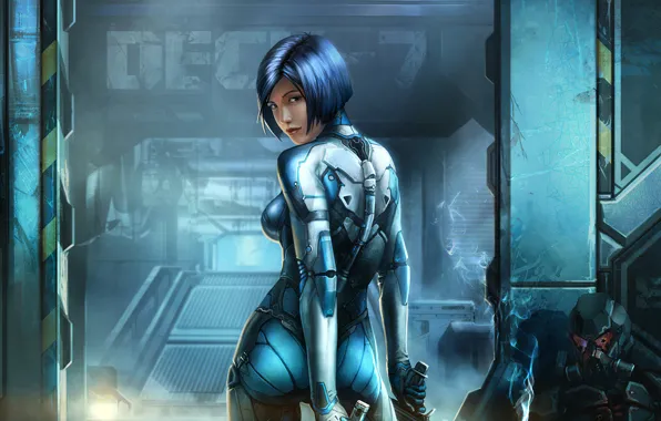 Картинка взгляд, здание, киборг, фантастический арт, сектор, building, cyborg, Cyberpunk, girl, голубой оттенок, fantastic art, девушка, …