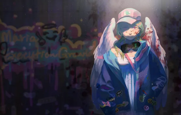 Картинка граффити, сияние, ангел, ночь, девушка