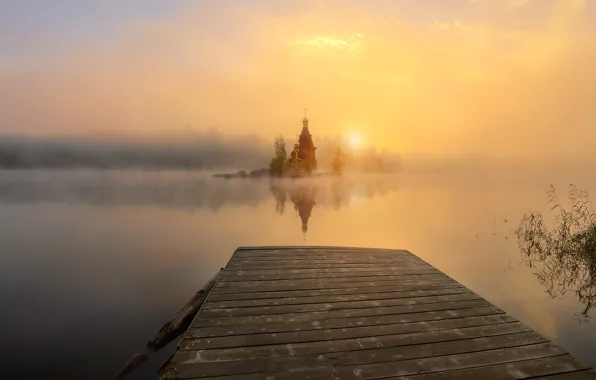 Картинка вода, пейзаж, природа, туман, рассвет, утро, церковь, мосток