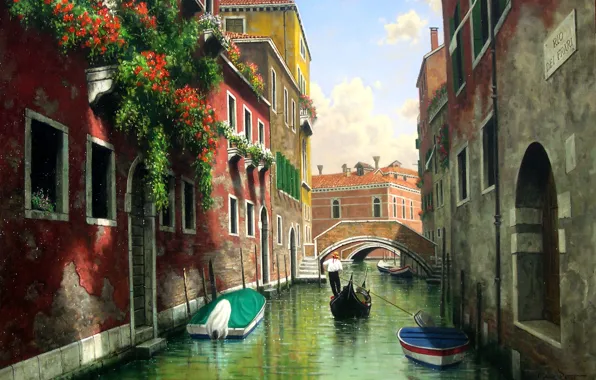 Картинка вода, цветы, мост, окна, дома, картина, лодки, Италия