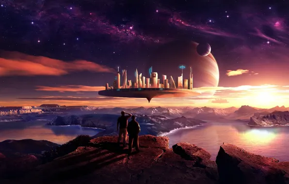 Картинка космос, звезды, озеро, будущее, люди, скалы, горизонт, future, space, lake, rocks, stars, people, beautiful landscape, …